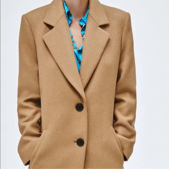 Zara Taupe Brown Fitted Wool Blend Coat